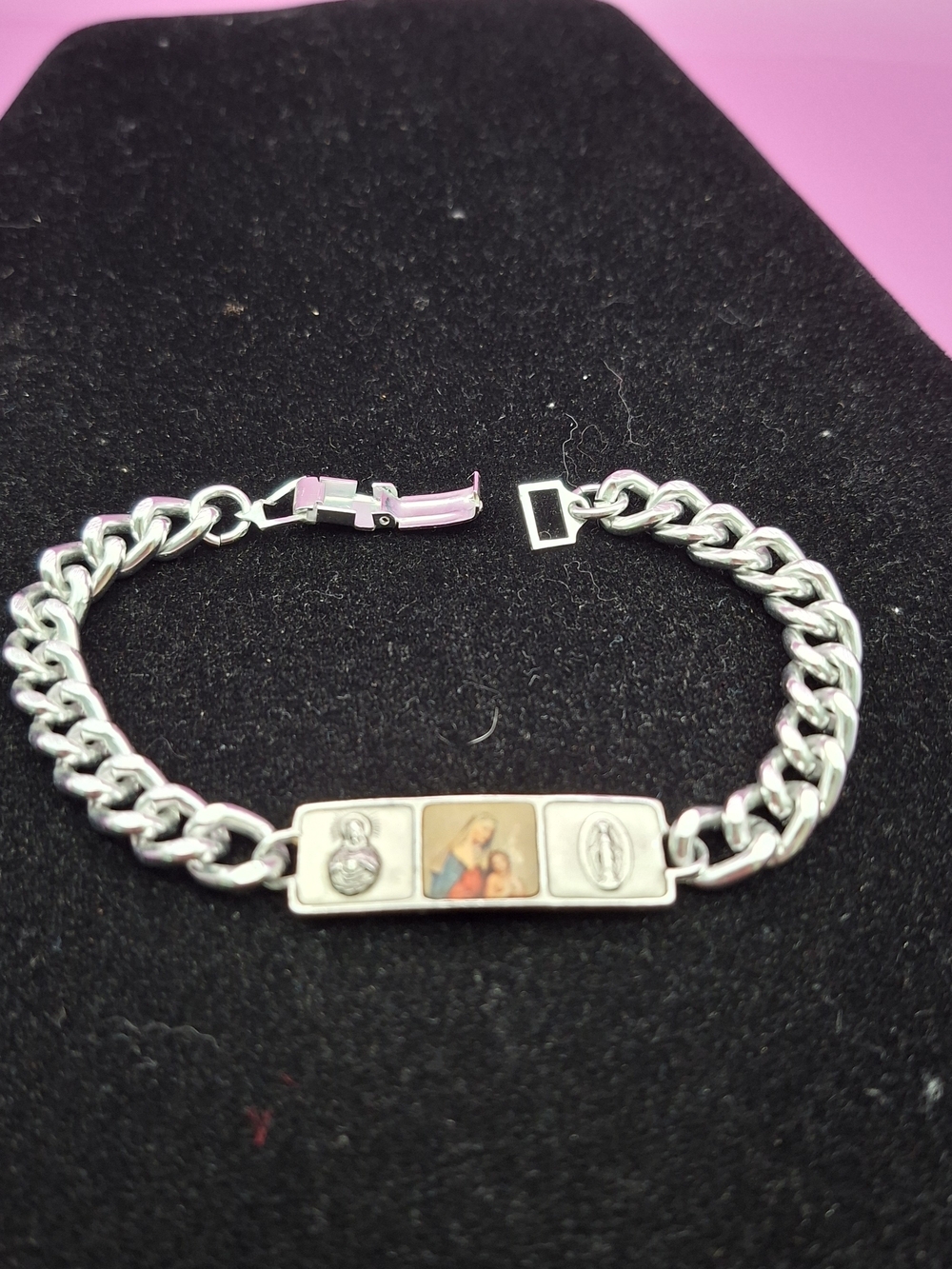 Aluminum  Religious  Bracelet with Madonna and Child Marked German